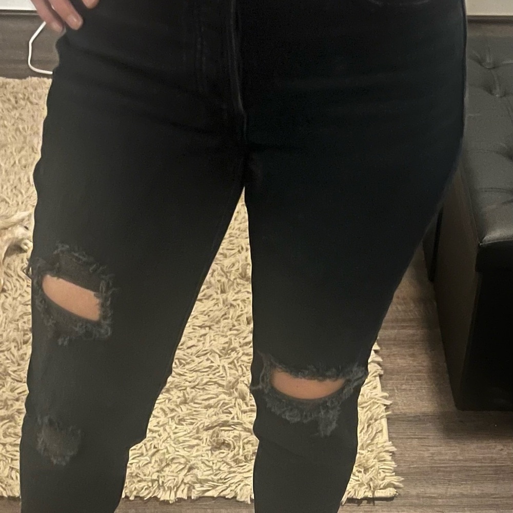 Old Navy Women's Black Ripped O.G Straight Leg Jeans high rise button fly